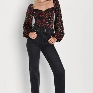 NWT Sweet Impulse Black Floral Satin Long Sleeve Bustier Crop Top